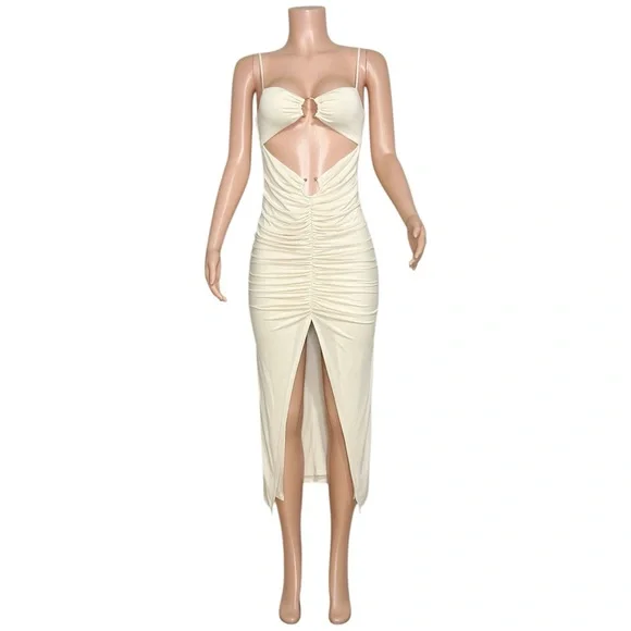 CAMILA COELHO Yasmeen Cut-Out Ring Detail Soft Jersey Midi Dress, Beige, Small - Picture 5 of 12